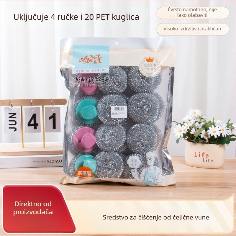 Četka za posuđe s kuglom od nehrđajućeg čelika i držačem, bez otpadanja, za kućno pranje posuđa i lonaca, paket 20 kom