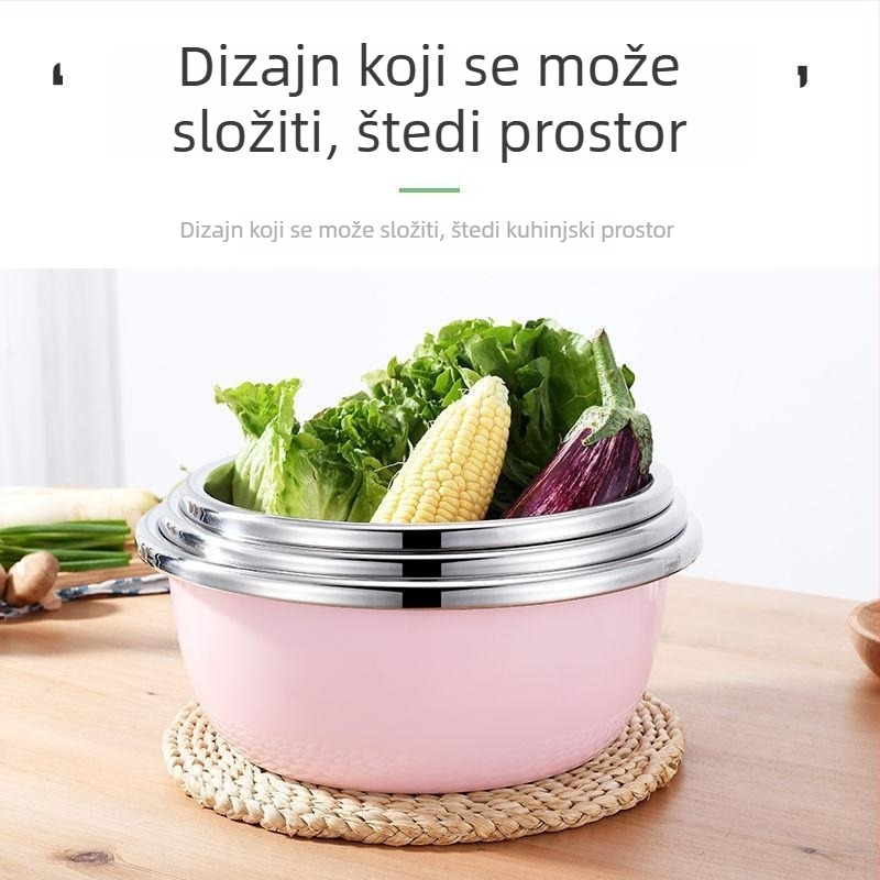 Trodjelni set posuda od nehrđajućeg čelika, šaren, deblji i dublji, za kuhinju, namijenjen za pranje lica, povrća, riže, mijesiti tijesto i miješanje začina