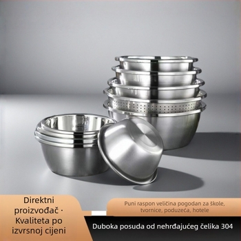 Velika posuda od prehrambeno otporne čelika s podignutim rubovima i ravnim dnom; pogodna za mijesanje tijesta, pranje lica i povrća; višenamjenska kuhinjska i kućna posuda.