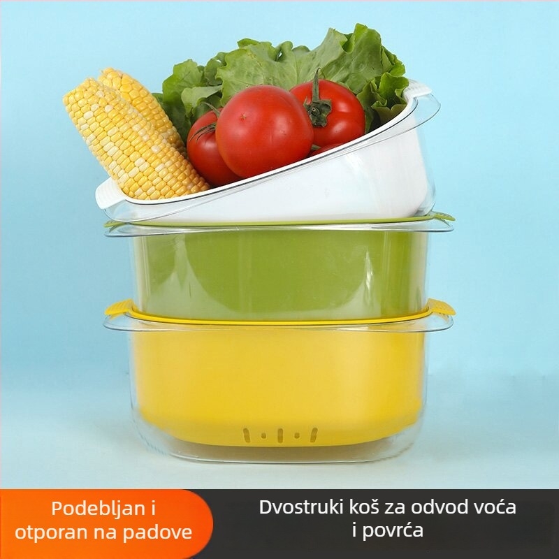 PET plavi dvostruki koš za povrće i voće s odvodom, kuhinja, dimenzije 26×24×10.5 cm
