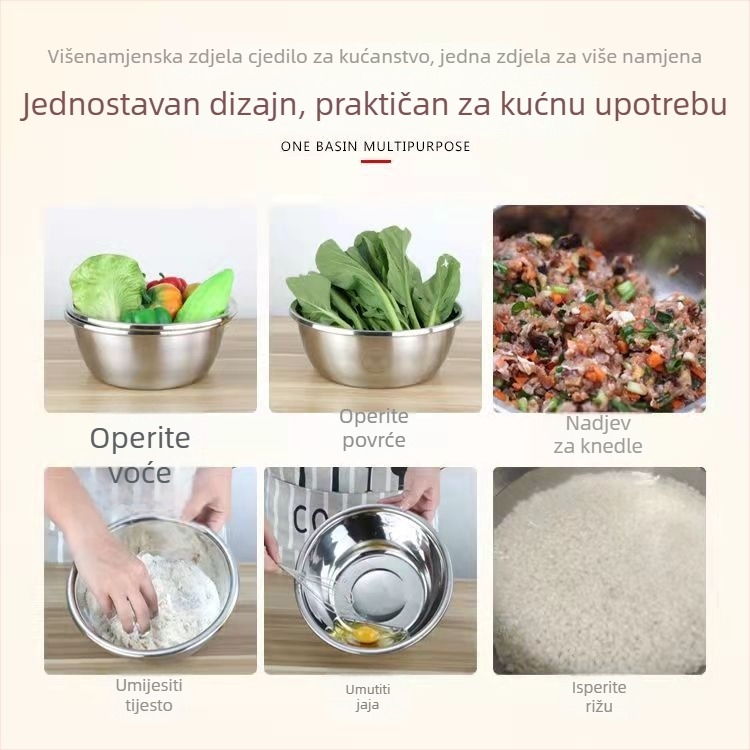 201 nehrđajući čelik, kružna posuda za kućnu upotrebu, višenamjenska posuda za pranje riže i povrća, mućenje jaja i mijesanje tijesta, začini i voće