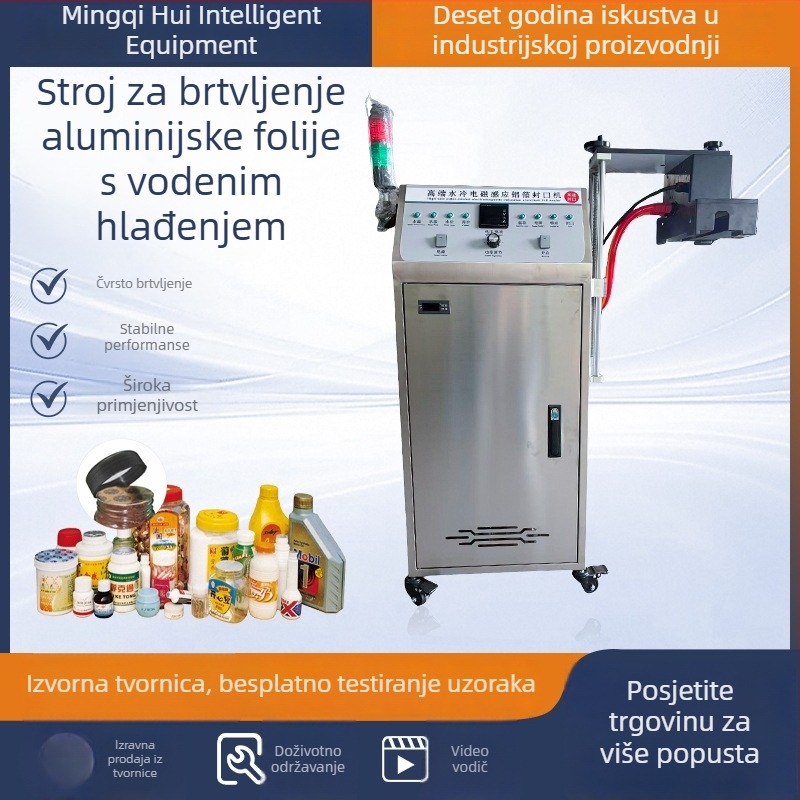 Stroj za brtvljenje aluminijske folije vodeno hlađen elektromagnetskom indukcijom, za boce nepravilnog oblika, s malom brtvom, proizvodna linija