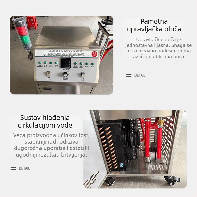 Stroj za brtvljenje aluminijske folije vodeno hlađen elektromagnetskom indukcijom, za boce nepravilnog oblika, s malom brtvom, proizvodna linija