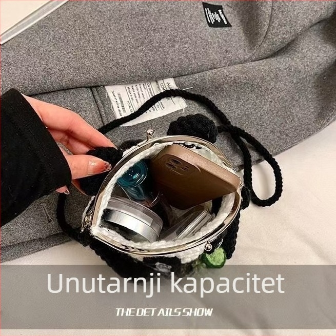 Gotova ručno hačkana torbica s motivom velikog panda za žene, velika zapremina, crossbody torba s kopčom, sladak crtani dizajn od vune