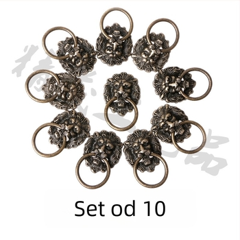 Set od 10 drški s glavom lava, brončane patine, za ormariće i vrata garderobe.