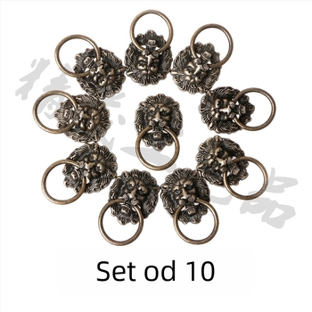 Set od 10 drški s glavom lava, brončane patine, za ormariće i vrata garderobe.