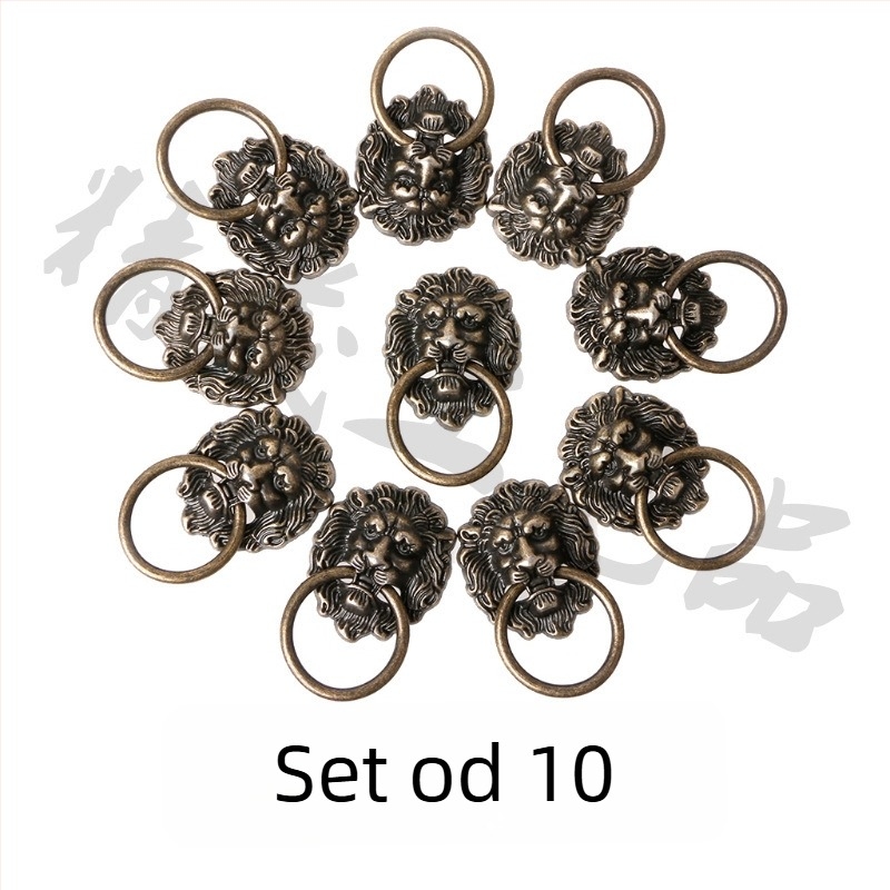 Set od 10 drški s glavom lava, brončane patine, za ormariće i vrata garderobe.