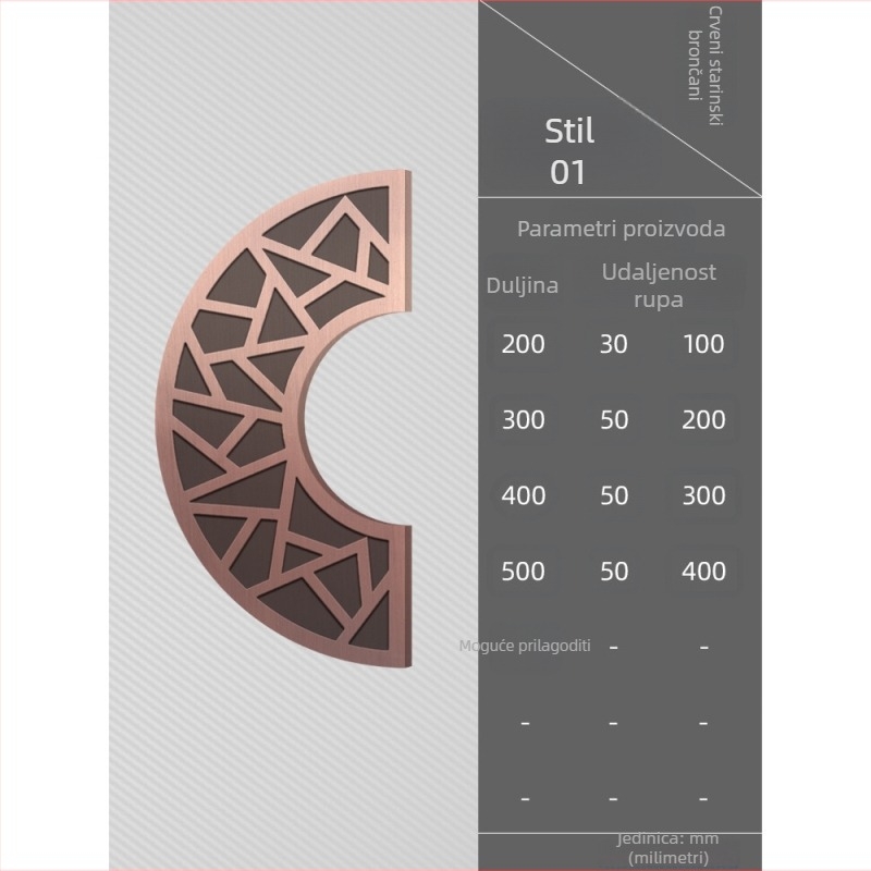 Polukružna uklesana staklena kvaka za vrata, klizna bez rama, od aluminijske legure, crna; dimenzije 100x200mm–250x500mm