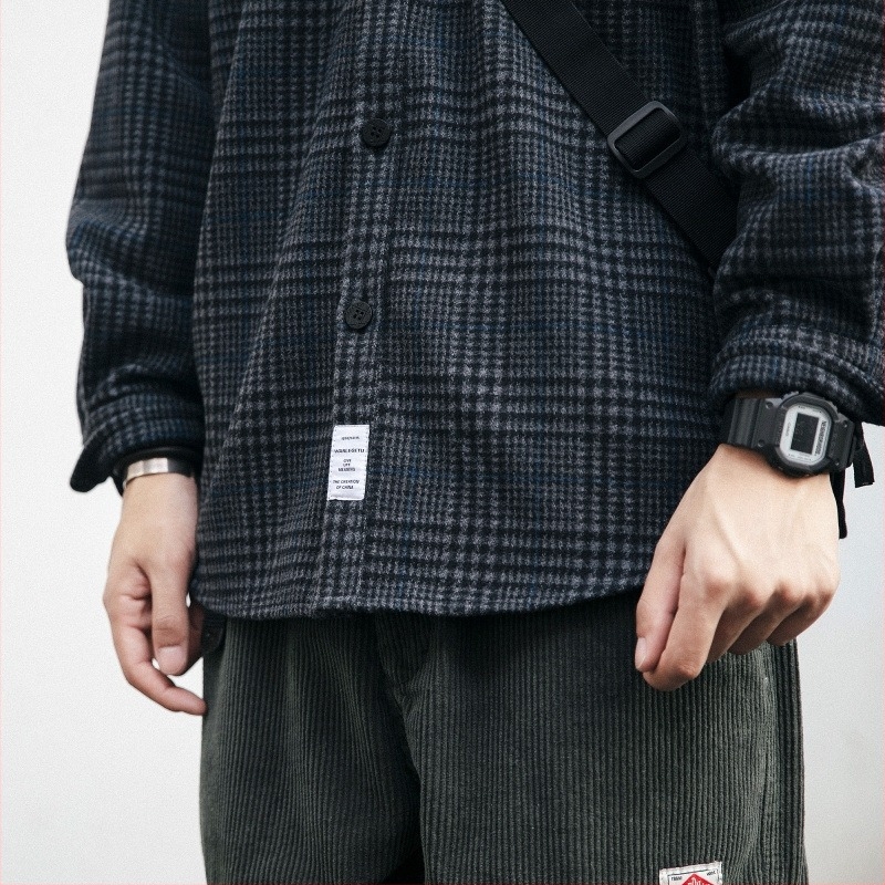 Muška karirana radna košulja s dugim rukavima, jesensko-zimski stil, opušten kroj, debela mješavina pamuka i vune