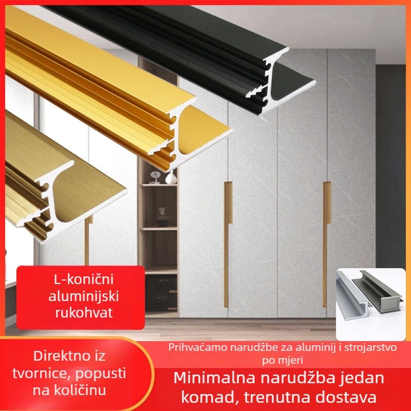 Ormarić L-oblik ručice za ladice i ormariće, aluminijski profil, završni kapak, ugradbeni dizajn, skrivena rubna brtva, za ploče debljine 18 mm