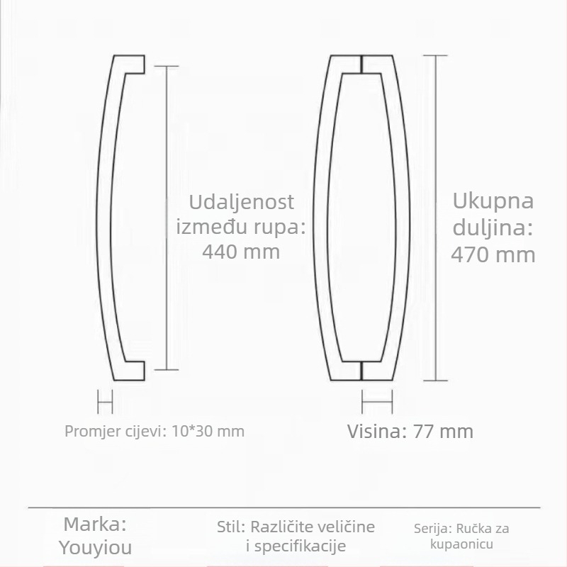 Drška od nehrđajućeg čelika za tuš vrata od stakla, profil 10x30 s lukom i kvadratom, moderni minimalistički dizajn