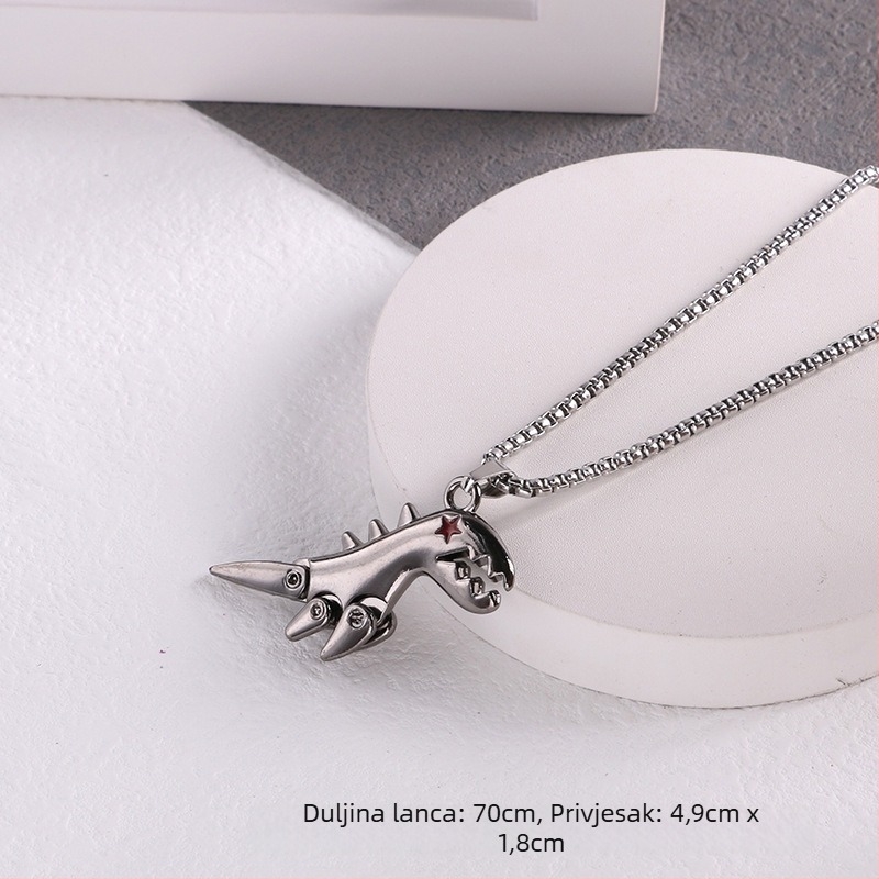 Hip-hop ogrlica od titan čelika s pomičnim dinosaurom – slatki crtani dizajn, unisex, dugački lanac