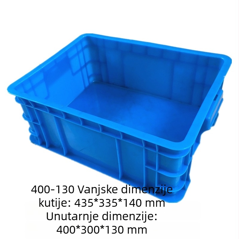 Plastična kutija za prijevoz robe, unutarnje dimenzije 400×300×130 mm, vanjske dimenzije 435×335×140 mm, debljina zida 2,5 mm, masa 0,9 kg, nosivost 25 kg, HDPE, s logotipom otisnutim, izrađena injekcijskim preoblikovanjem