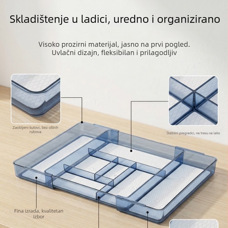 Prozirni proširivi pladanj za pribor u kuhinji — organizator za ladice i ormariće