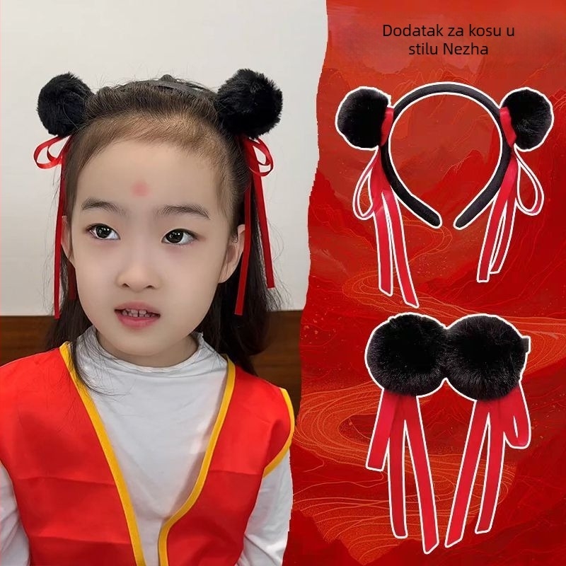 Dječji dodaci za kosu Nezha cosplay – kuglica za kosu s crvenom vrpcom, traka za glavu i kopča za kosu
