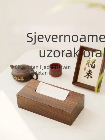 Pravokutni hotelski pladanj s dekorativnim uzorkom od orašastog drveta i logom, modernog dizajna za hotele i restorane, držač za čaše i kutija za papirnate maramice