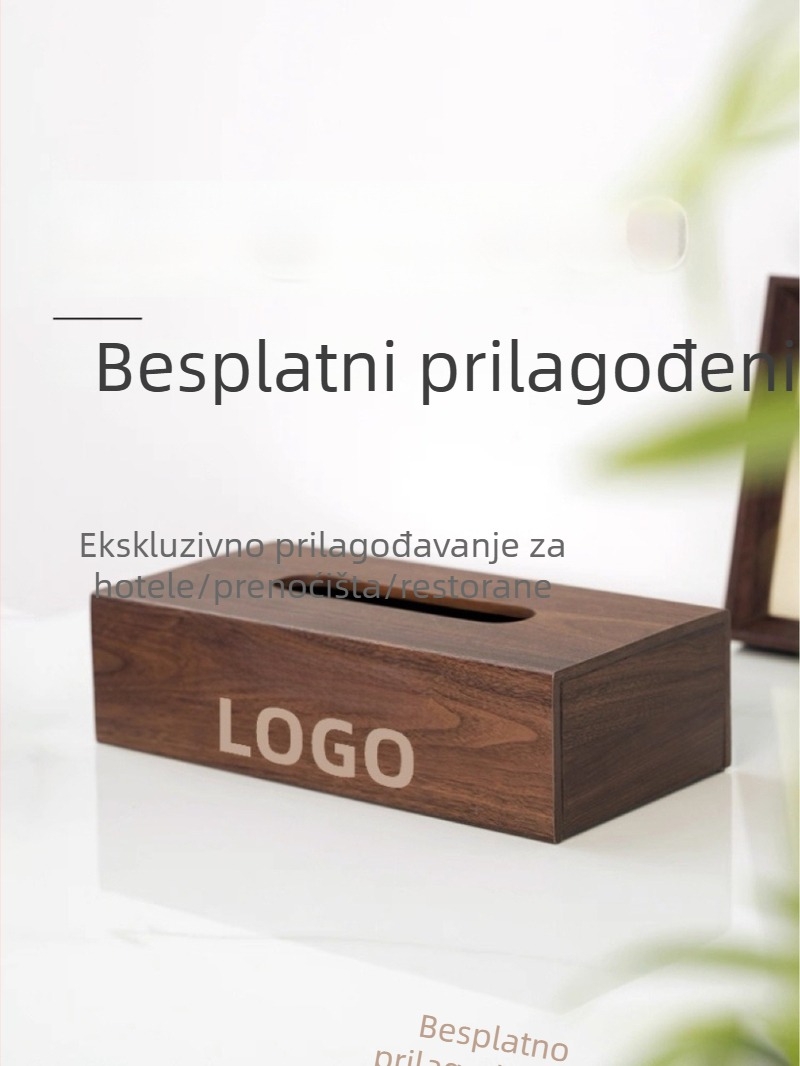 Pravokutni hotelski pladanj s dekorativnim uzorkom od orašastog drveta i logom, modernog dizajna za hotele i restorane, držač za čaše i kutija za papirnate maramice