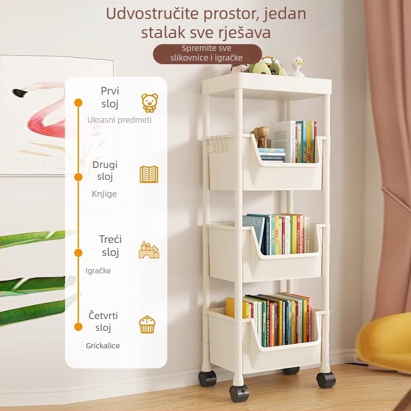 Petoslojni mobilni knjižni regal s kotačićima – plastični regal za knjige i igračke