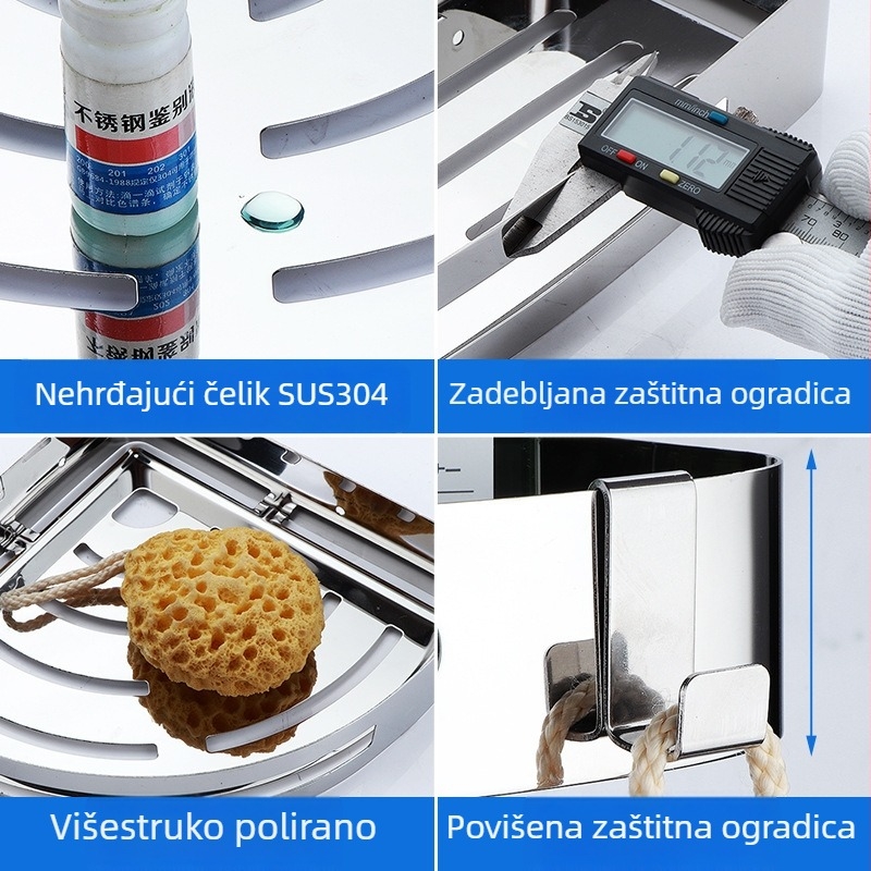 Kutni zidni stalak od nehrđajućeg čelika za kupaonicu, montaža bez bušenja, organizator kozmetičkih proizvoda