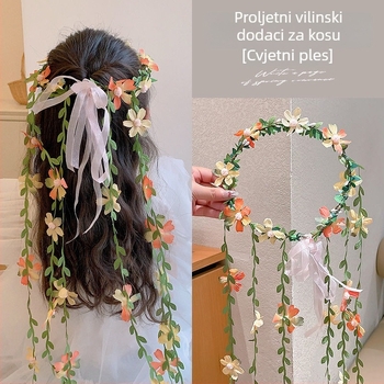 Dječja traka za kosu s umjetnim cvjetovima, šumski stil, pletena
