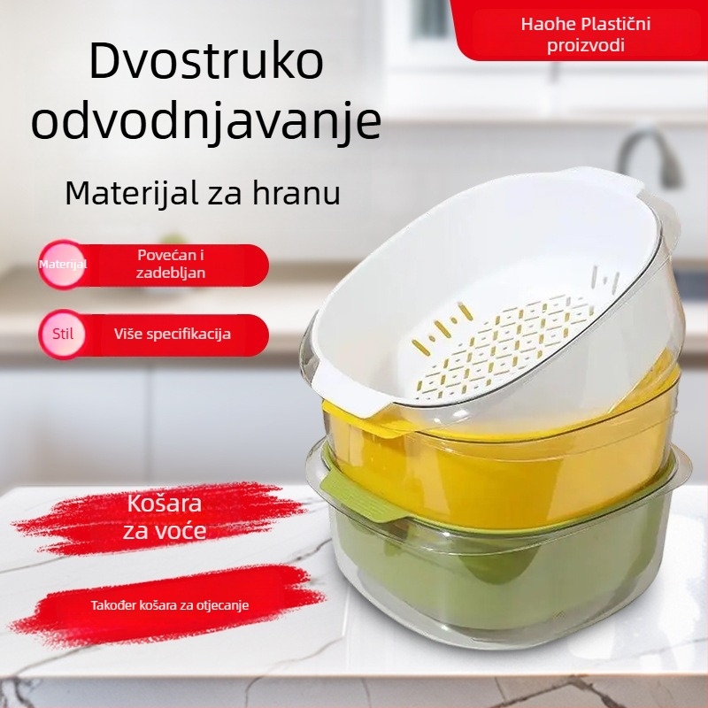 Plavi PET dvostruko složena posuda za pranje povrća i voća s odvodom, za kuhinju i dnevni boravak