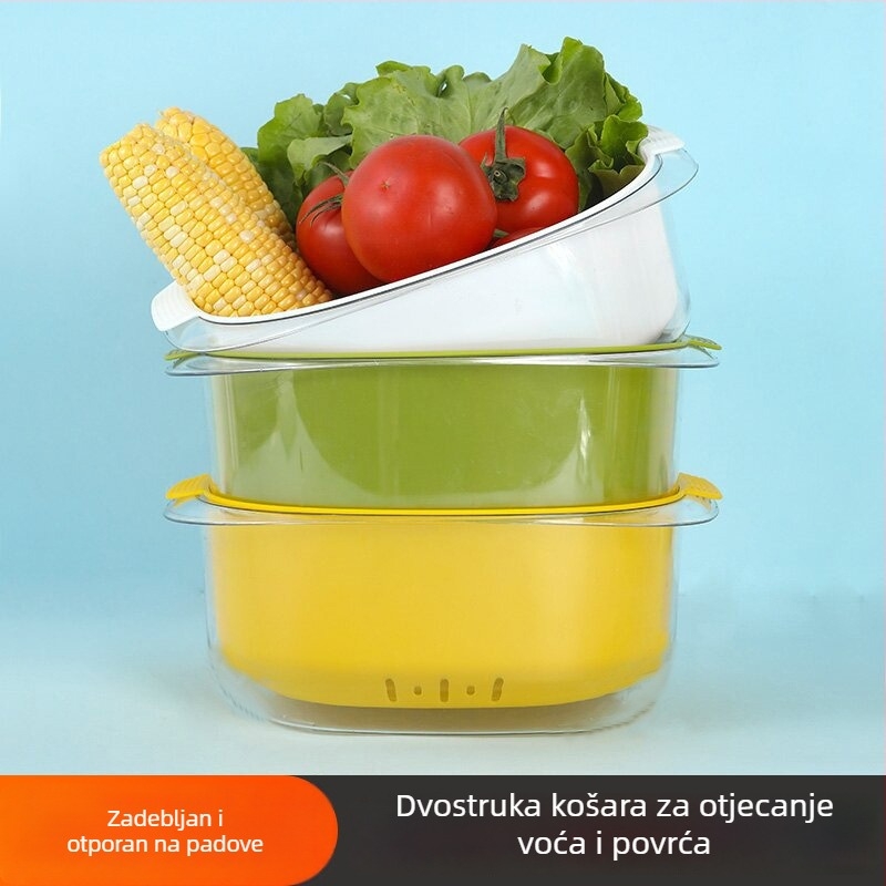 Plavi PET dvostruko složena posuda za pranje povrća i voća s odvodom, za kuhinju i dnevni boravak