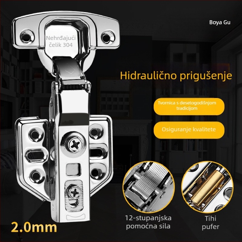 Hidraulična šarka od nehrđajućeg čelika 304, debljine 2,0 mm, s amortizacijskim mehanizmom za vrata ormara i komoda