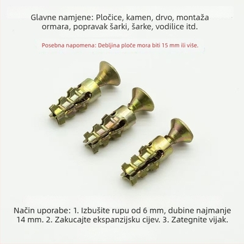 Metalne ekspanzijske cijevi za kamene pločice, kućne šarke i paneli, vodilice za ugradnju i popravak, ekspanzijski vijci 6x14