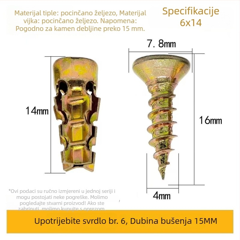 Metalne ekspanzijske cijevi za kamene pločice, kućne šarke i paneli, vodilice za ugradnju i popravak, ekspanzijski vijci 6x14