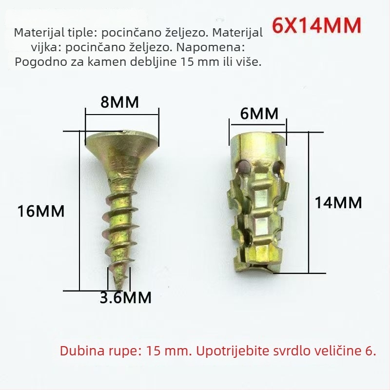 Metalne ekspanzijske cijevi za kamene pločice, kućne šarke i paneli, vodilice za ugradnju i popravak, ekspanzijski vijci 6x14