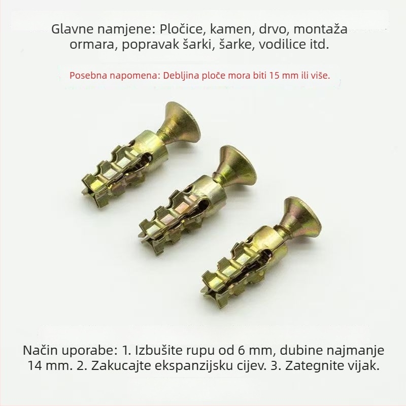 Metalne ekspanzijske cijevi za kamene pločice, kućne šarke i paneli, vodilice za ugradnju i popravak, ekspanzijski vijci 6x14