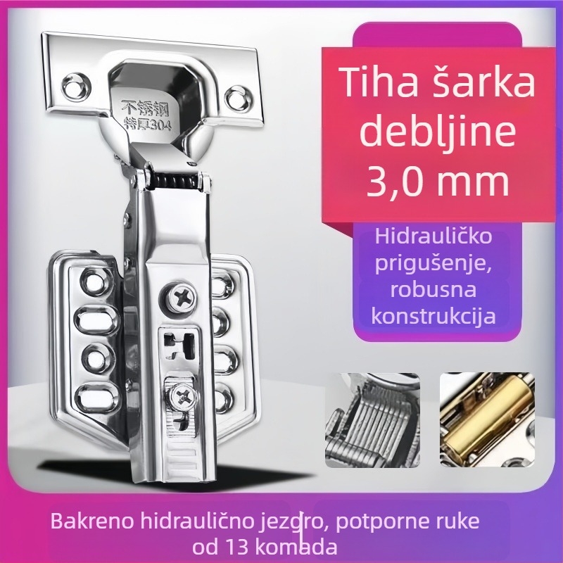 Šarke za vrata ormarića od nehrđajućeg čelika, debljine 3.0 mm, tihe s hidrauličkim tlumenjem, za ormariće i garderobe