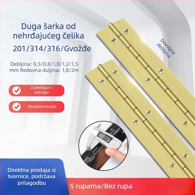 Zlatni nehrđajući čelični šarki s ležajem, duga šarka 1,8 m, tip piano, povećan dizajn