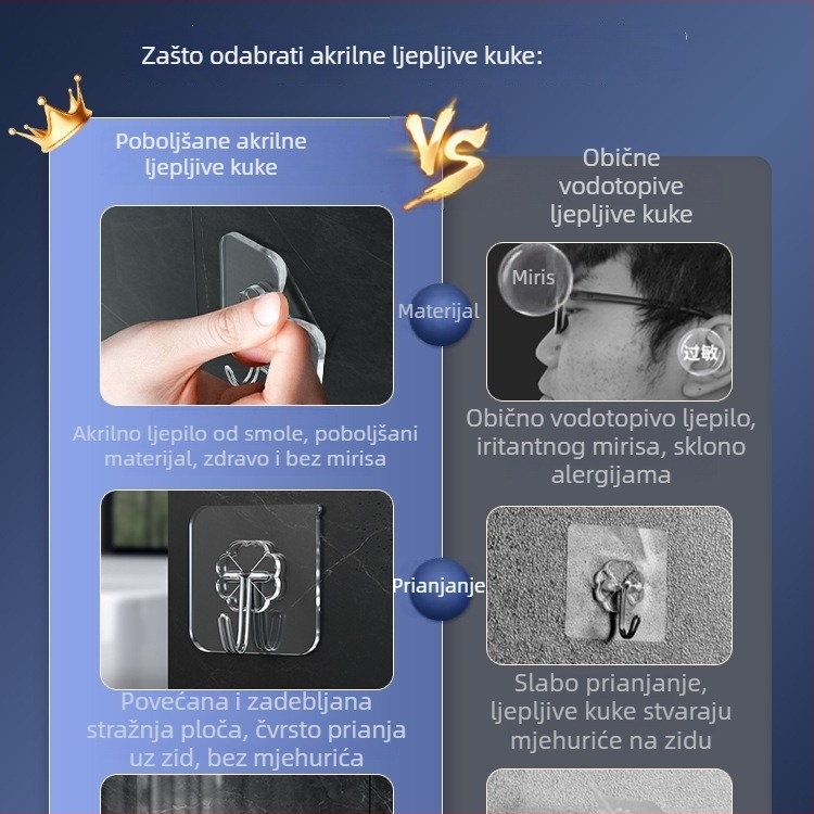 Ljepljivi zidni kuk od nehrđajućeg čelika, snažan držač, montaža bez bušenja, bez tragova, jedan kukac, moderan dizajn