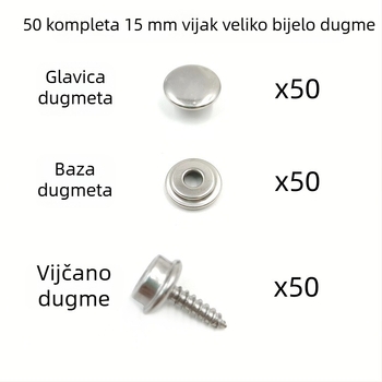 50 setova od nehrđajućeg čelika za dugmiće promjera 15 mm, s velikim bijelim kopčama za pričvršćivanje cerade, pogodna za šatore, zavjese i brodove