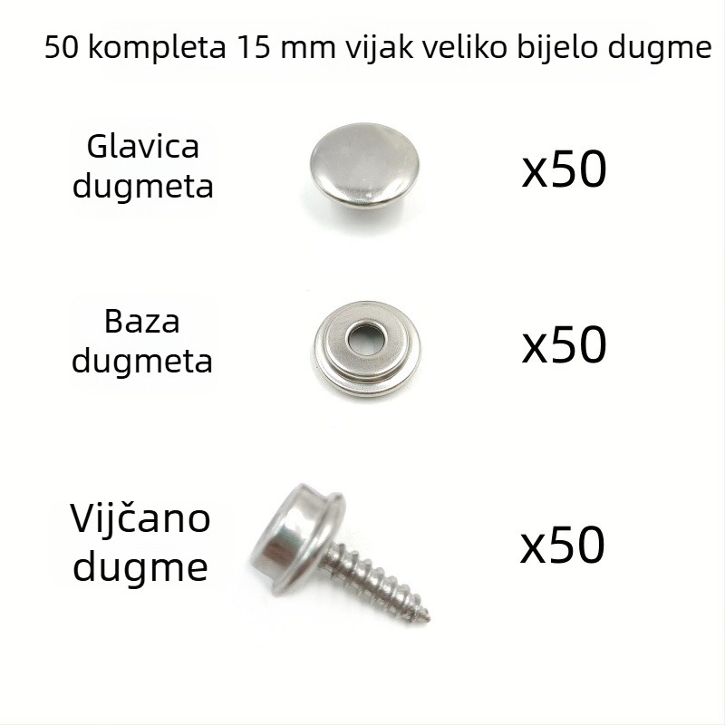 50 setova od nehrđajućeg čelika za dugmiće promjera 15 mm, s velikim bijelim kopčama za pričvršćivanje cerade, pogodna za šatore, zavjese i brodove