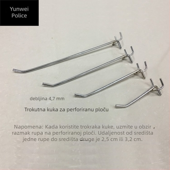 Željezni vješak za policu s perforiranim pločama, trozubni trokraki kukica, elektroplatirani završetak
