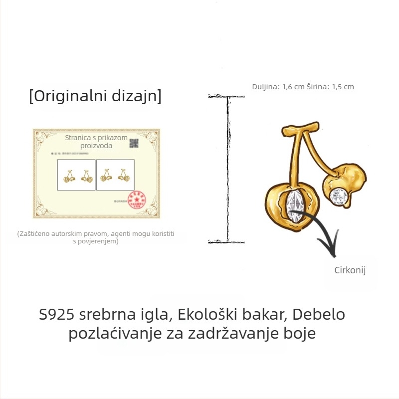 Ženske naušnice s motivom trešnje, pijeskovana tekstura, debelo pozlaćenje 18K, 925 srebrni post, moderne i luksuzne