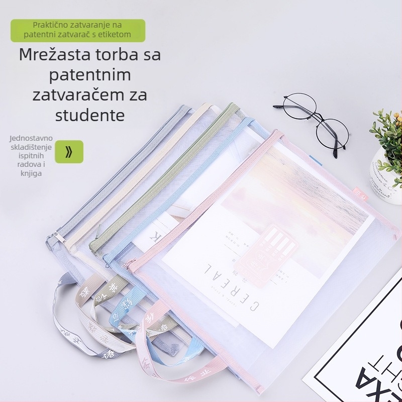 Torba za dokumente po predmetima s ručkom, zatvaračem, velikim kapacitetom, prozirnom mrežom, za udžbenike i zadaće
