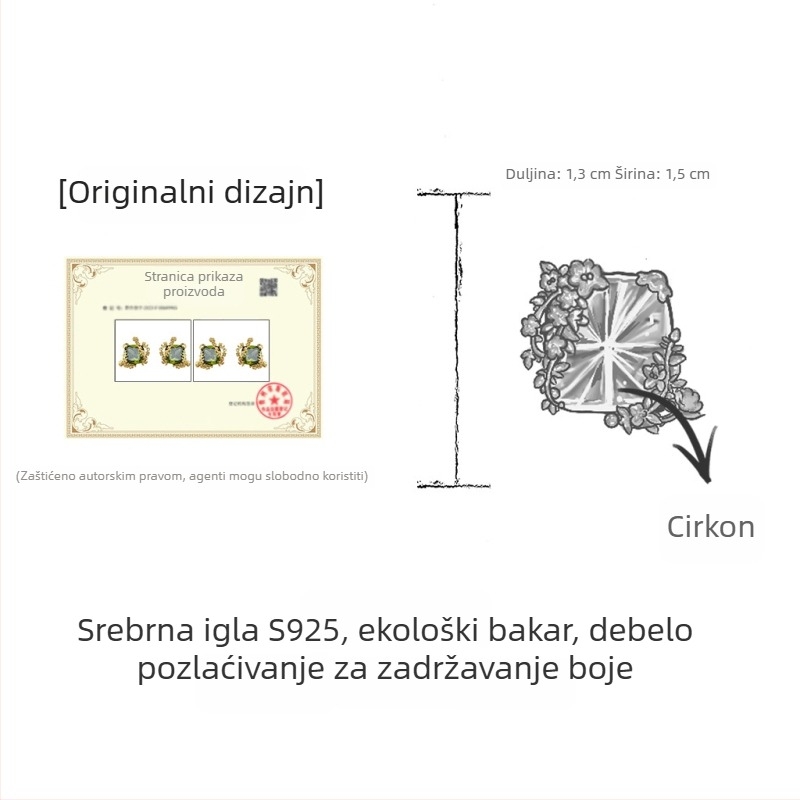 Naušnice s cvjetnim cirkonima, maslinasto zelene boje, 18K pozlaćene, francuski vinograd motiva, igla od srebra 925, za žene