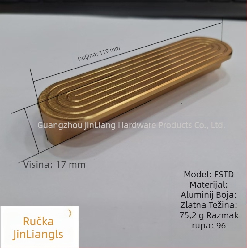 Zlatna T-oblika ručka za ormariće, razmak rupa 96 mm, kružni reljefni uzorak, aluminijska legura, za vrata i ladice
