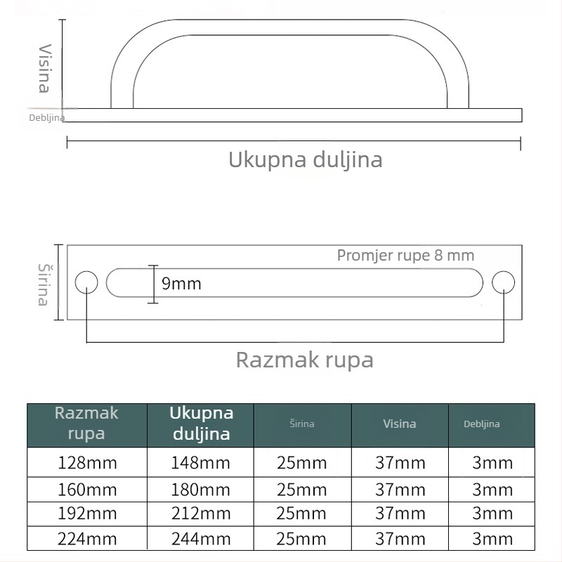 Prilagođena ručka od aluminijske legure bez bušenja za vrata i prozore, klizna balkonska vrata i drvena vrata