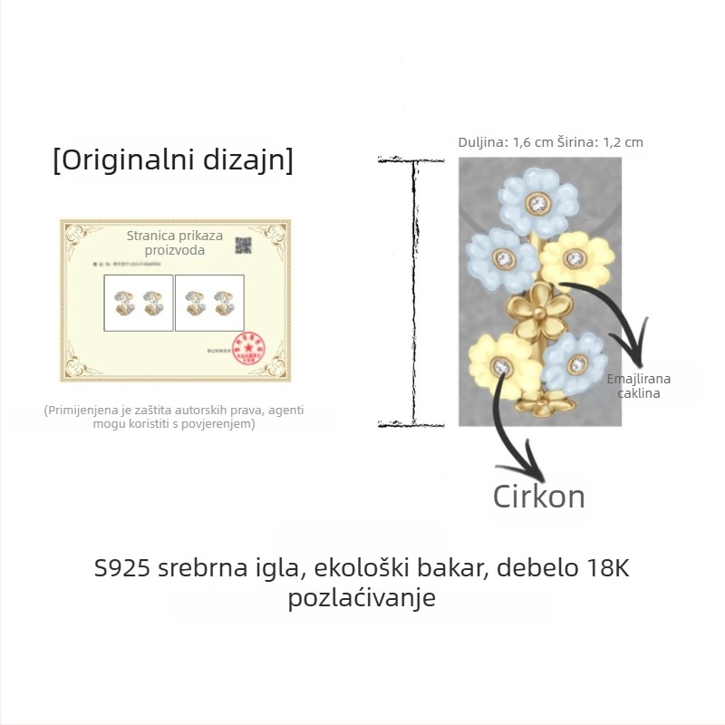 Naušnice od 18K zlata s emajlom i cirkonima u obliku cvijeta, drip glaze tehnika, svježe i elegantne ženske naušnice