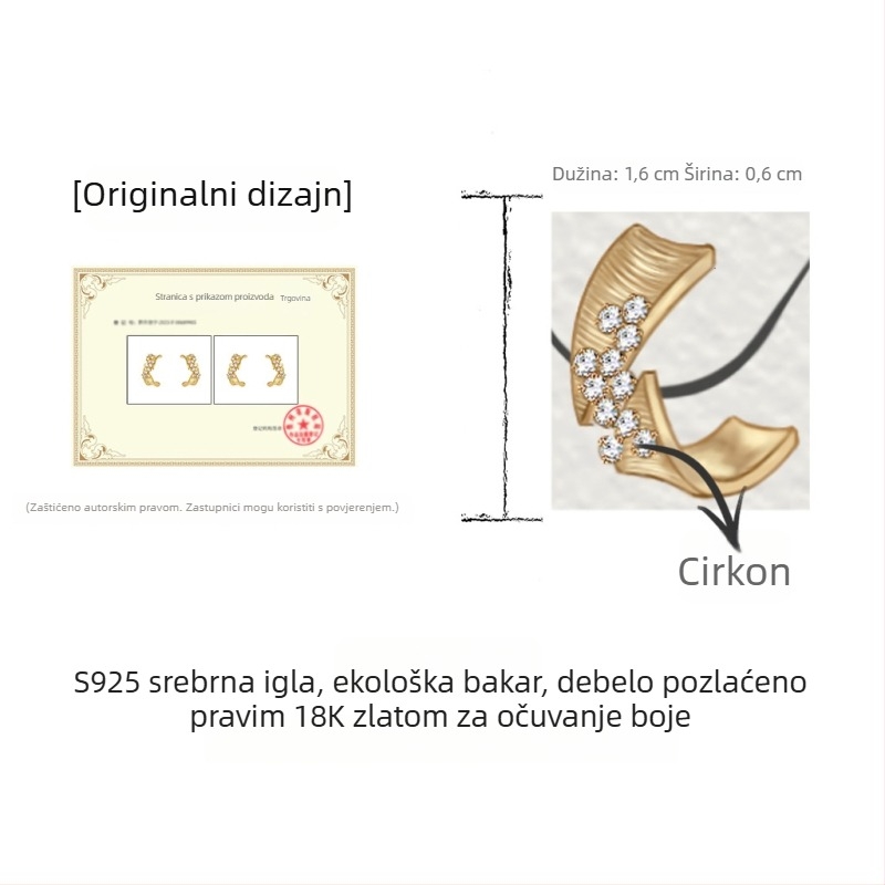 Naušnice s 18K pozlatom, geometrijski oblik C, teksturirane, s mikro cirkonijem, nježan luksuz za žene