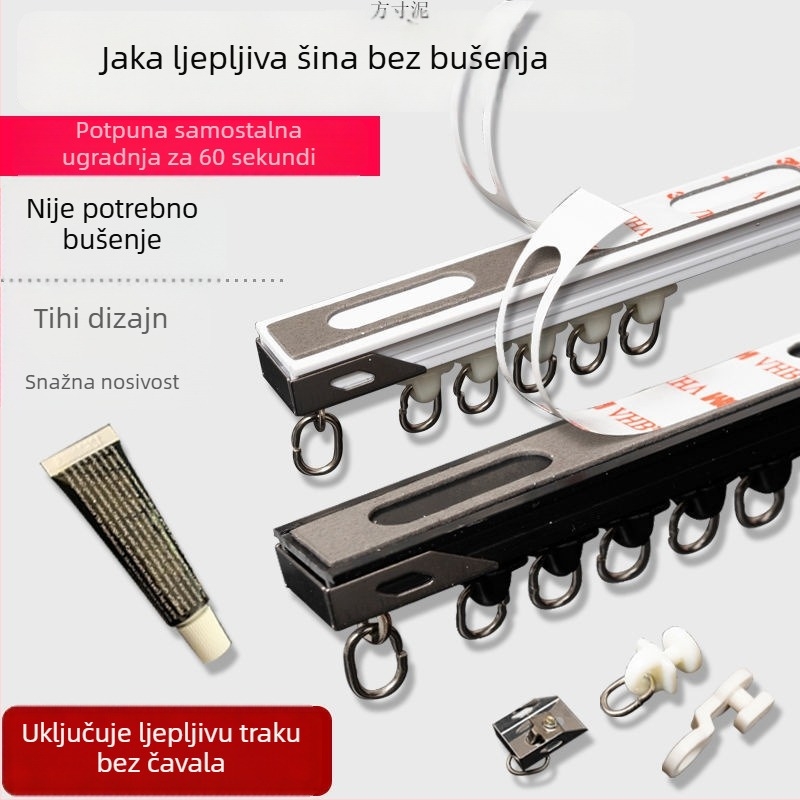 Sustav za zavjese bez bušenja s kliznom tračnicom i kotačićem, ljepilo vodilica tračnice, montaža na plafon ili bočno, jednostrano ili dvostrano
