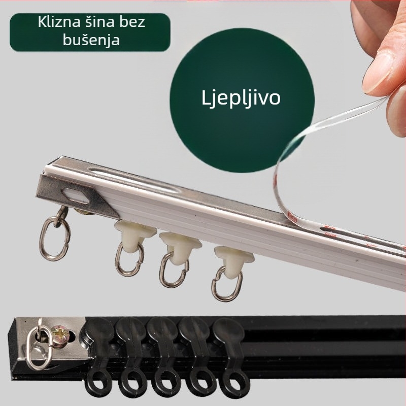 Sustav za zavjese bez bušenja s kliznom tračnicom i kotačićem, ljepilo vodilica tračnice, montaža na plafon ili bočno, jednostrano ili dvostrano