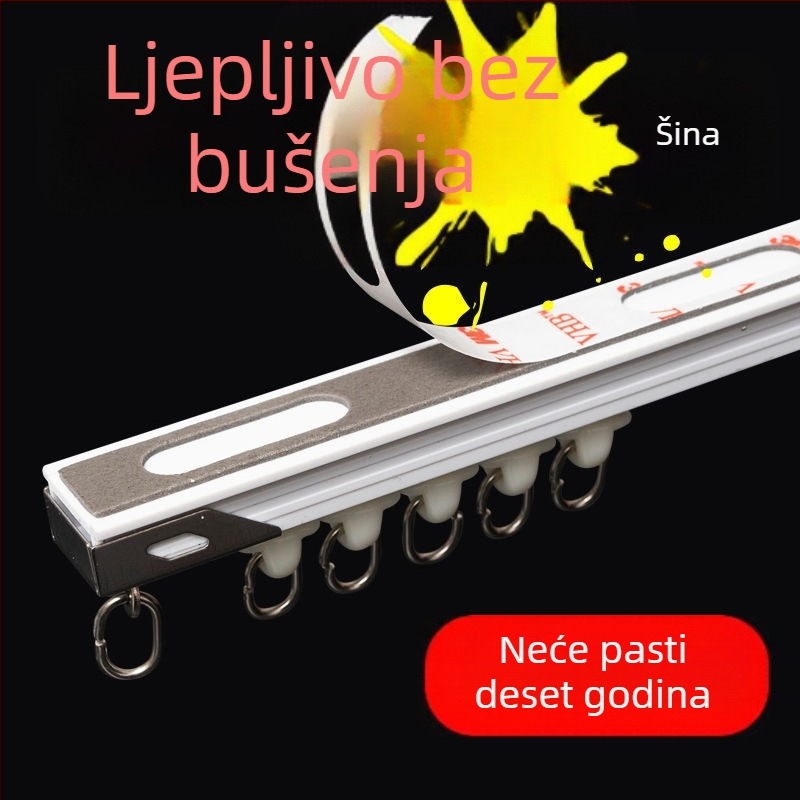 Sustav za zavjese bez bušenja s kliznom tračnicom i kotačićem, ljepilo vodilica tračnice, montaža na plafon ili bočno, jednostrano ili dvostrano