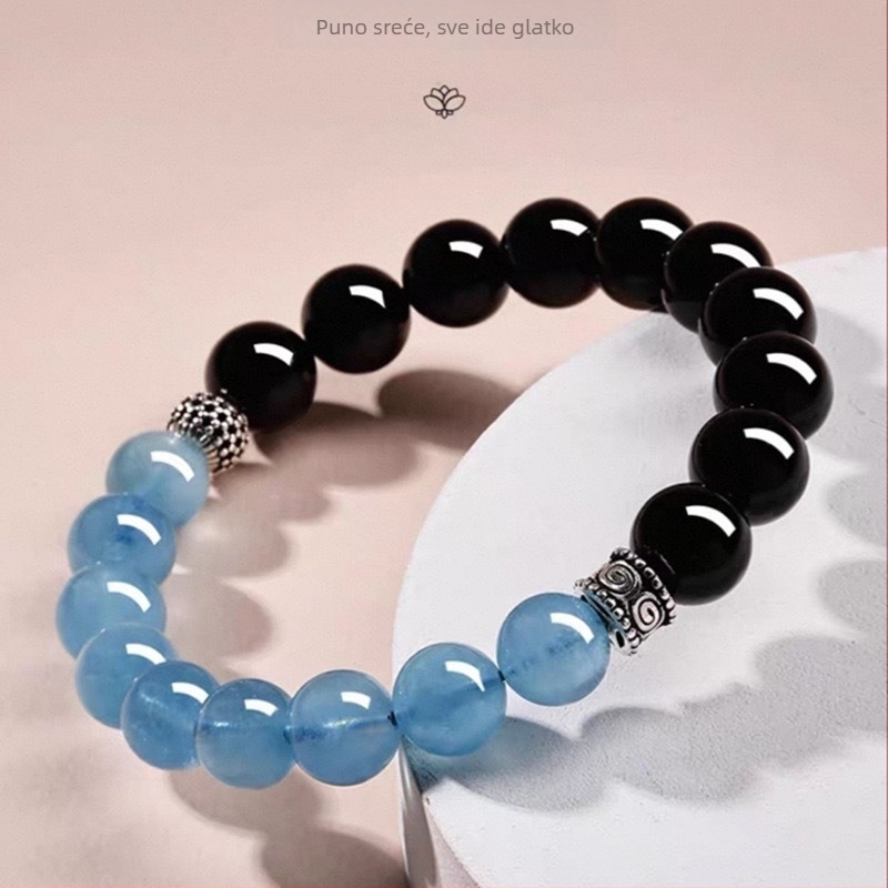Unisex dvobojna narukvica s akvamarinskim kristalom i obsidianom, dar za godinu zodijaka, umjetni kristal