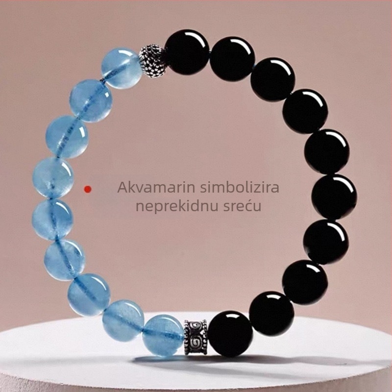 Unisex dvobojna narukvica s akvamarinskim kristalom i obsidianom, dar za godinu zodijaka, umjetni kristal