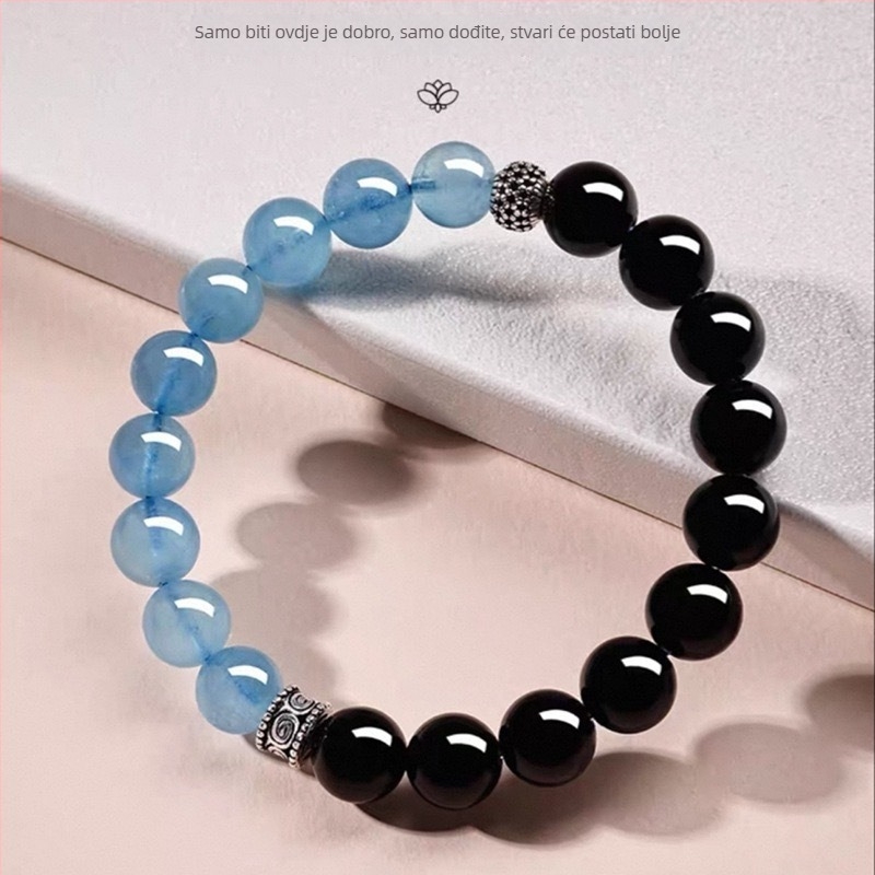 Unisex dvobojna narukvica s akvamarinskim kristalom i obsidianom, dar za godinu zodijaka, umjetni kristal